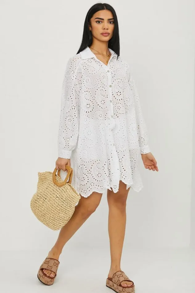 Women Chemise Blanche Longue Dtails Crochets White Brentiny Paris Shirts and Blouses