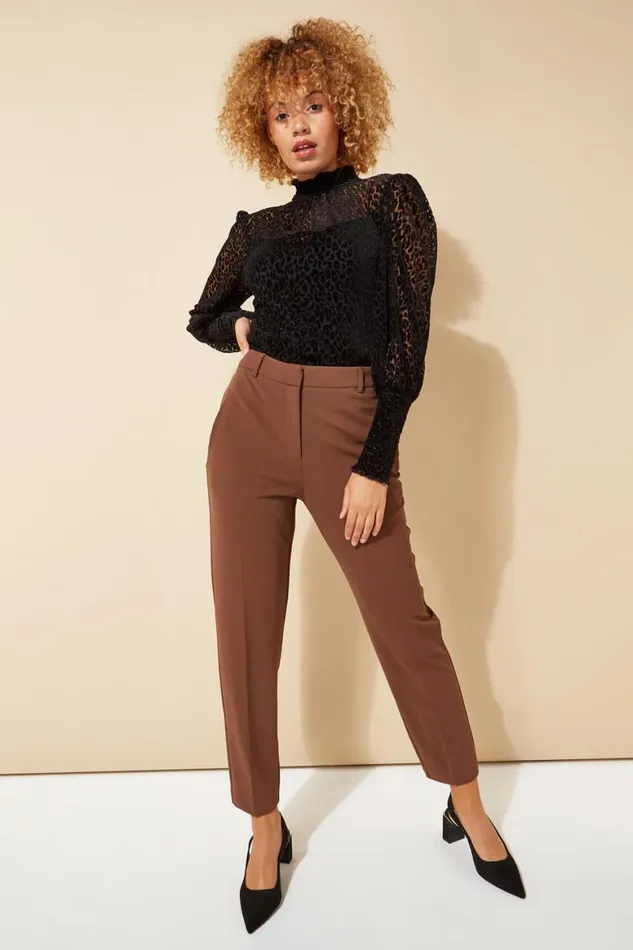 Women Chocolate Long Straight Leg Stretch Trouser Roman Trousers