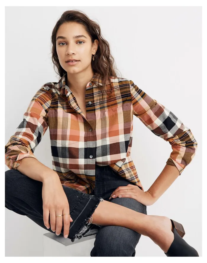 Women Classic Ex Boyfriend Shirt In Seconda Plaid Dried Coral Madewell Tops and Shirts