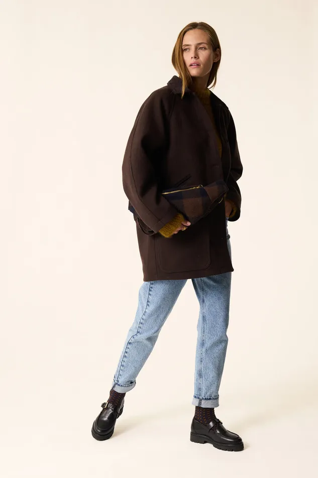 Women Coat Yassa Ours Manteau Laine Marron Fonc Des Petits Hauts Coats and Jackets