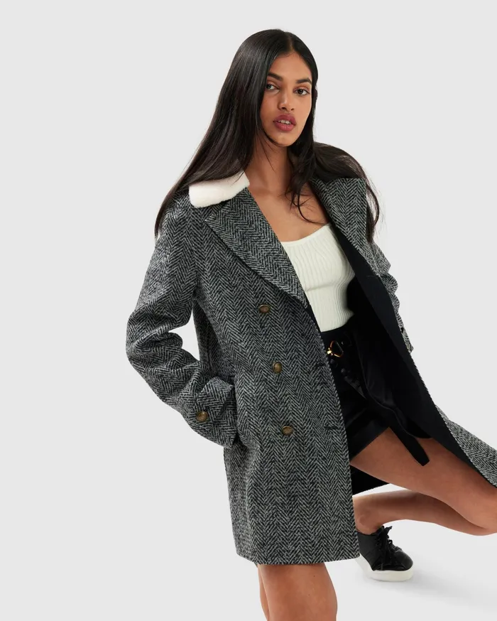Women Coats and Jackets Belle and Bloom Liberty Sherpa Collar Wool Blend Coat 8211 Charcoal
