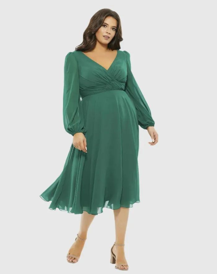 Women Cocktail Dresses Mac Duggal Chiffon Bishop Sleeve Surplice Dress Plus Emerald Green Women Cocktail Dresses Mac Duggal Chiffon Bishop Sleeve Surplice Dress Plus Emerald Green