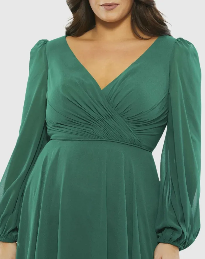 Women Cocktail Dresses Mac Duggal Chiffon Bishop Sleeve Surplice Dress Plus Emerald Green