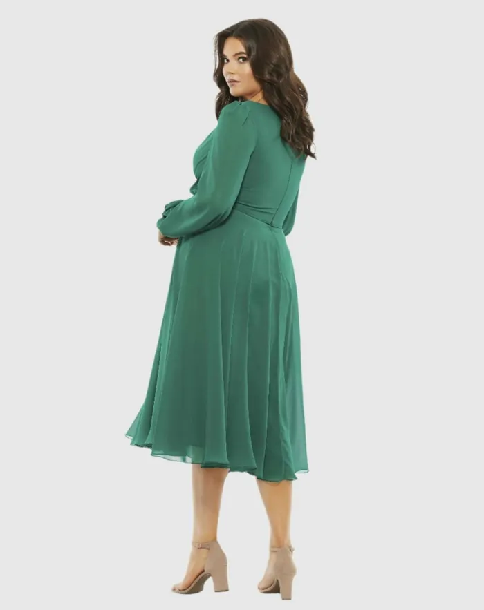 Women Cocktail Dresses Mac Duggal Chiffon Bishop Sleeve Surplice Dress Plus Emerald Green