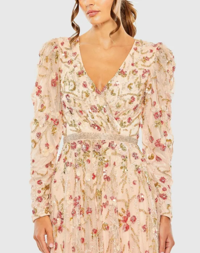 Women Cocktail Dresses Mac Duggal Floral Embellished Wrap Over Puff Sleeve A Line Dress Blush Multi Women Cocktail Dresses Mac Duggal Floral Embellished Wrap Over Puff Sleeve A Line Dress Blush Multi