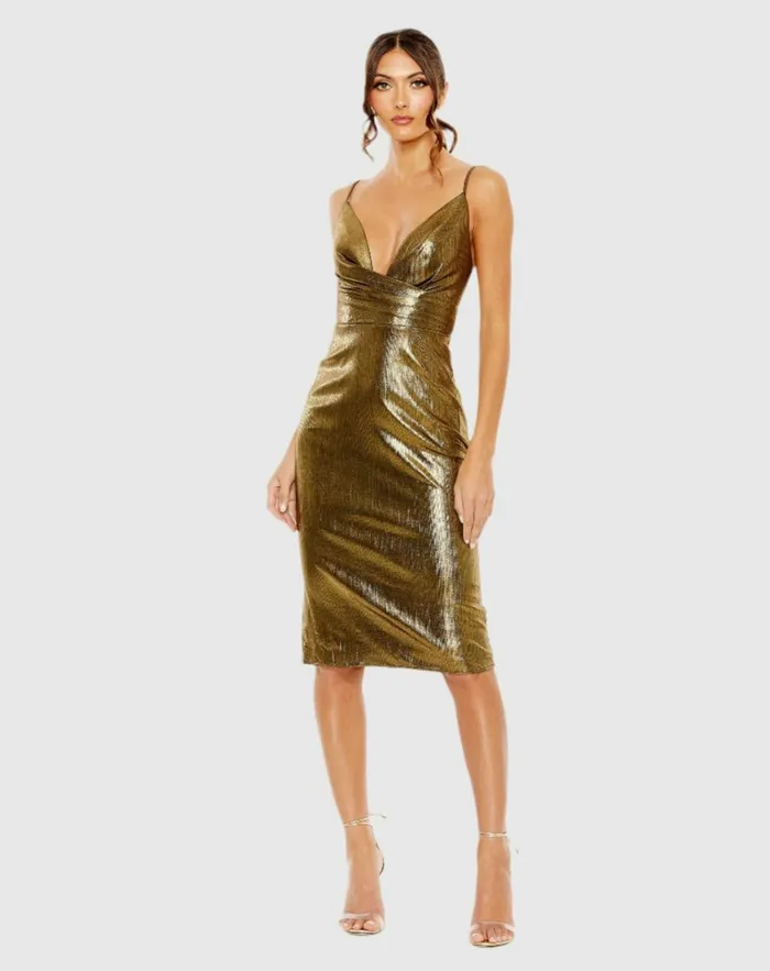Women Cocktail Dresses Mac Duggal Gold Metallic V Neck Midi Dress Antique Gold