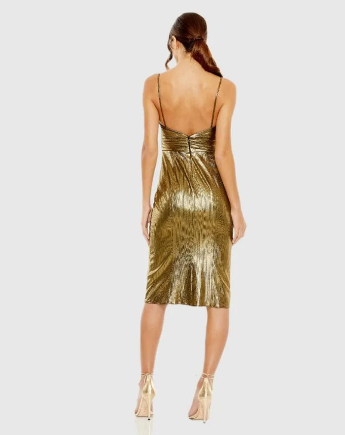 Women Cocktail Dresses Mac Duggal Gold Metallic V Neck Midi Dress Antique Gold