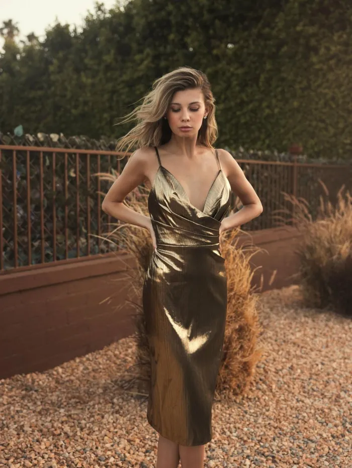 Women Cocktail Dresses Mac Duggal Gold Metallic V Neck Midi Dress Antique Gold