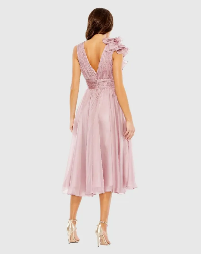 Women Cocktail Dresses Mac Duggal Pink Sleeveless Chiffon ALine Tea Length Cocktail Dress Rose