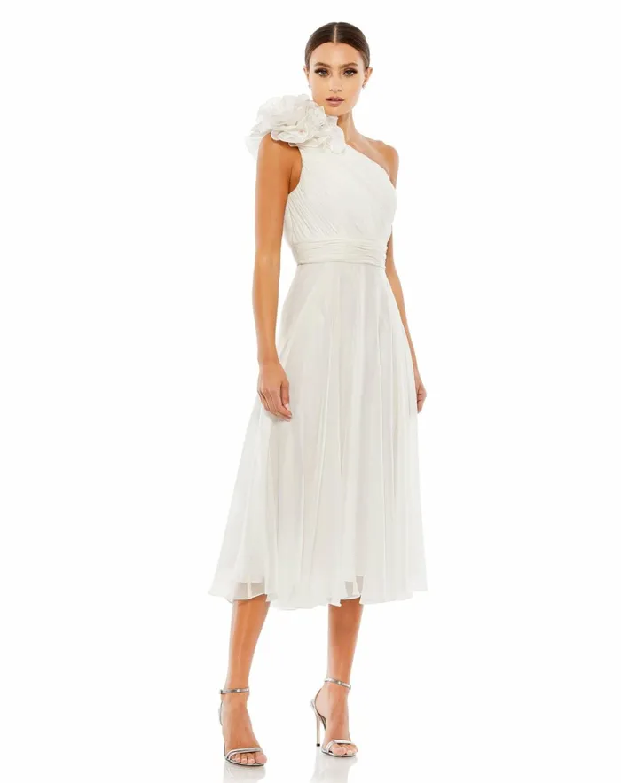 Women Cocktail Dresses Mac Duggal Rosette One Shoulder Tea Length Dress White
