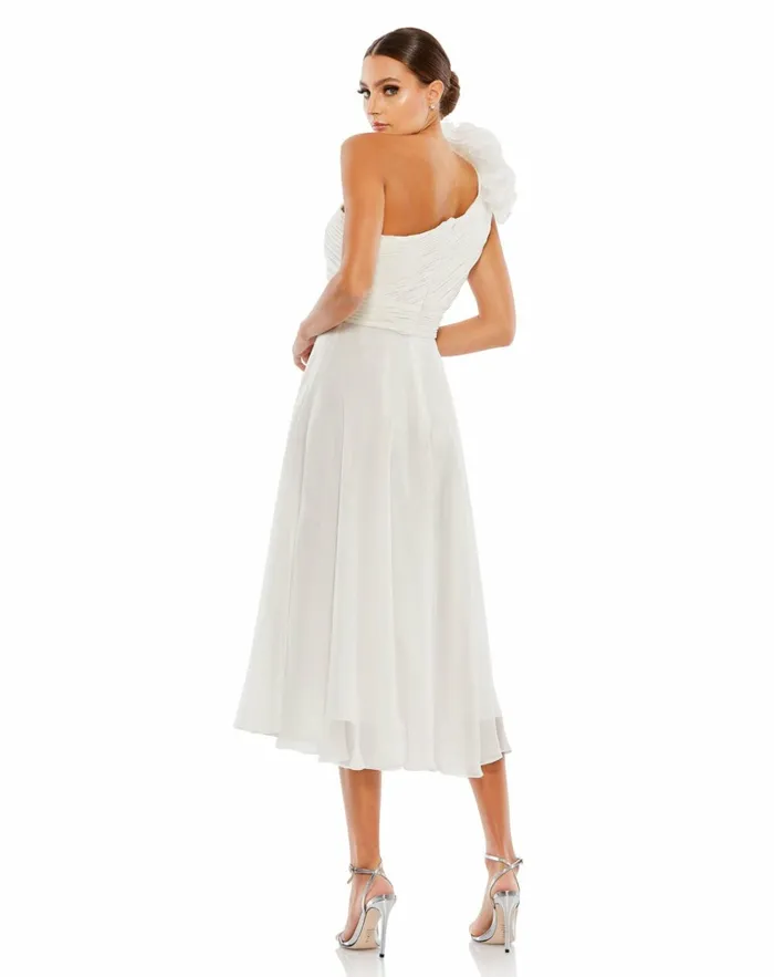 Women Cocktail Dresses Mac Duggal Rosette One Shoulder Tea Length Dress White Women Cocktail Dresses Mac Duggal Rosette One Shoulder Tea Length Dress White