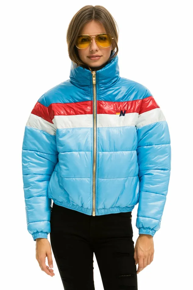 Women COLOR BLOCK LUXE APRES PUFFER JACKET 8211 SKY GLOSSY Aviator Nation Outerwear