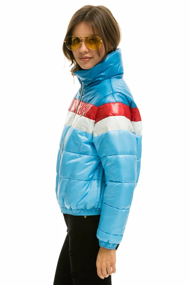 Women COLOR BLOCK LUXE APRES PUFFER JACKET 8211 SKY GLOSSY Aviator Nation Outerwear Women COLOR BLOCK LUXE APRES PUFFER JACKET 8211 SKY GLOSSY Aviator Nation Outerwear