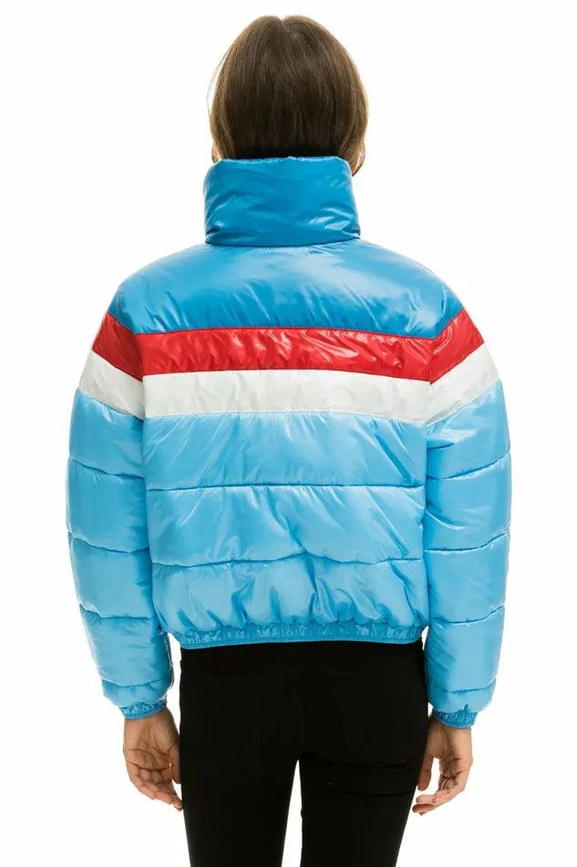 Women COLOR BLOCK LUXE APRES PUFFER JACKET 8211 SKY GLOSSY Aviator Nation Outerwear Women COLOR BLOCK LUXE APRES PUFFER JACKET 8211 SKY GLOSSY Aviator Nation Outerwear