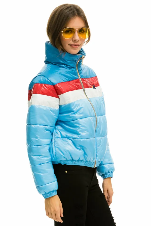 Women COLOR BLOCK LUXE APRES PUFFER JACKET 8211 SKY GLOSSY Aviator Nation Outerwear Women COLOR BLOCK LUXE APRES PUFFER JACKET 8211 SKY GLOSSY Aviator Nation Outerwear