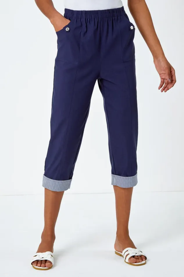 Women Contrast Elastic Waist Cropped Trousers Roman Trousers
