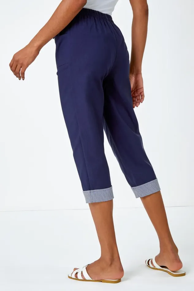 Women Contrast Elastic Waist Cropped Trousers Roman Trousers