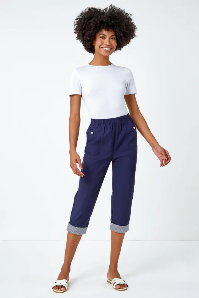 Women Contrast Elastic Waist Cropped Trousers Roman Trousers