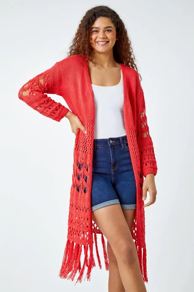 Women Coral Crochet Fringe Hem Longline Cardigan Roman Knitwear