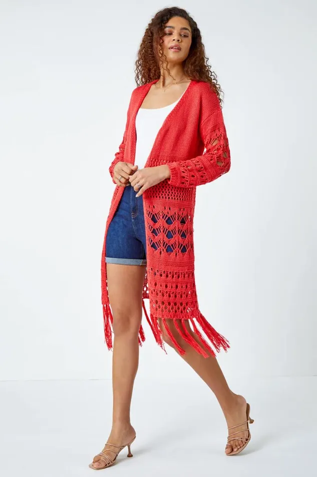 Women Coral Crochet Fringe Hem Longline Cardigan Roman Knitwear