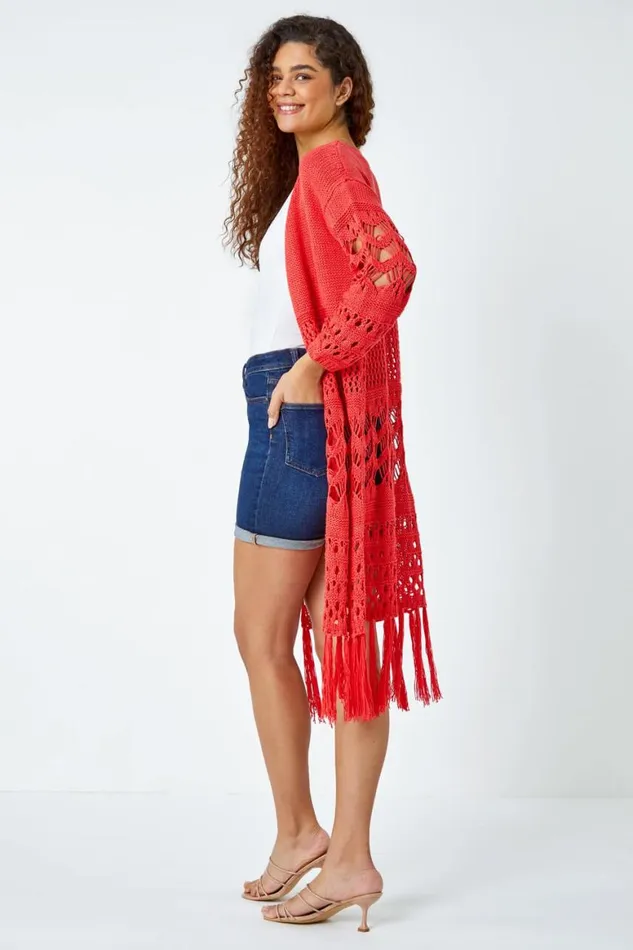 Women Coral Crochet Fringe Hem Longline Cardigan Roman Knitwear