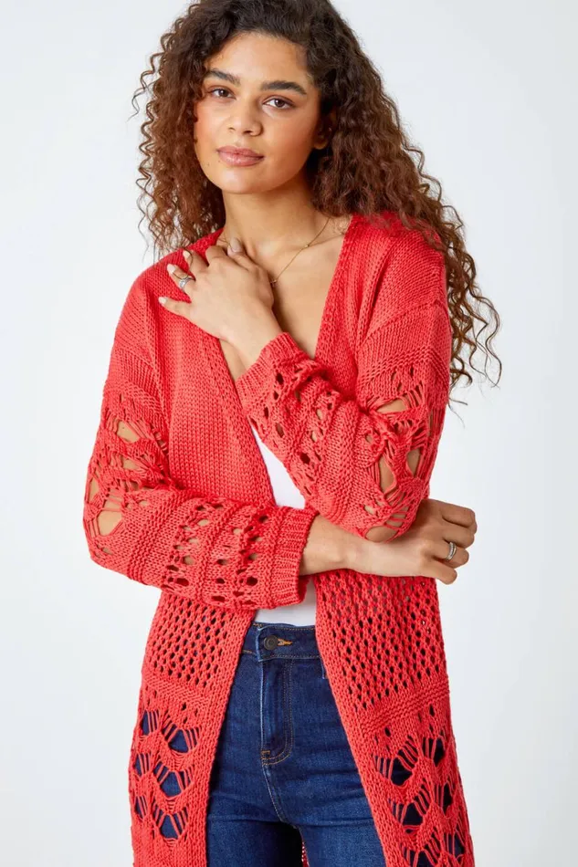 Women Coral Crochet Fringe Hem Longline Cardigan Roman Knitwear