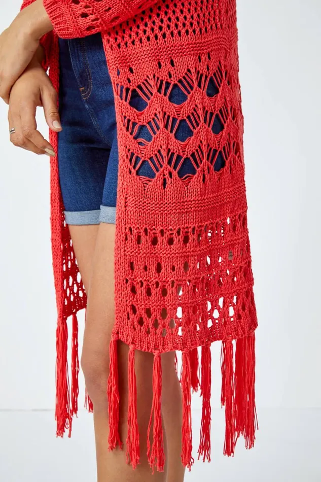 Women Coral Crochet Fringe Hem Longline Cardigan Roman Knitwear