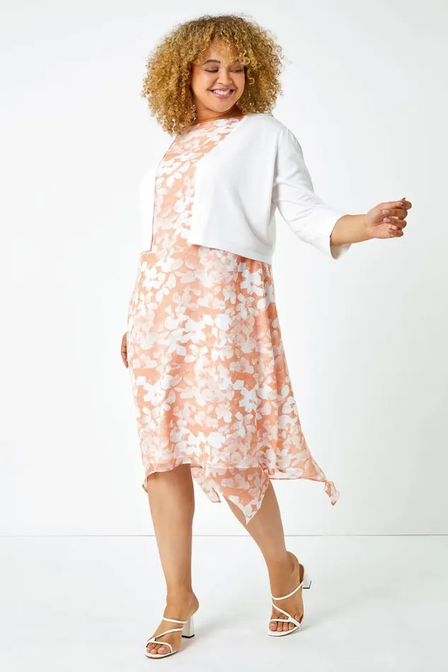 Women Coral Curve Floral Hanky Hem Chiffon Dress Roman Dresses