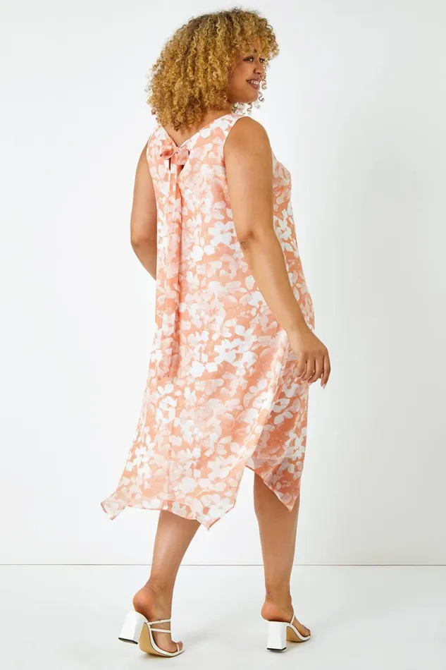 Women Coral Curve Floral Hanky Hem Chiffon Dress Roman Dresses