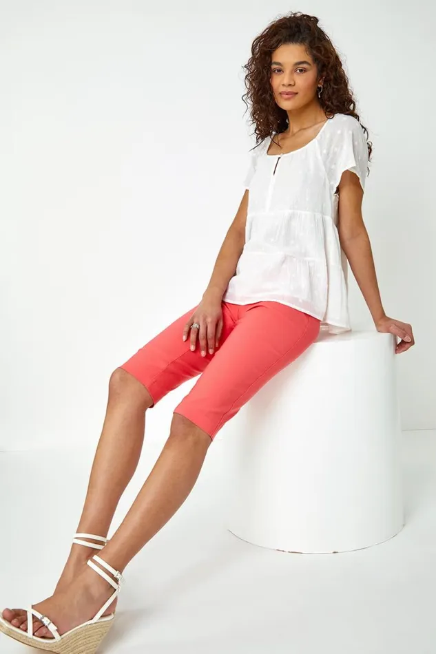 Women Coral Knee Length Elastic Waist Stretch Shorts Roman Coords