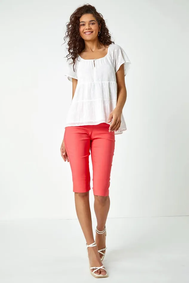 Women Coral Knee Length Elastic Waist Stretch Shorts Roman Coords