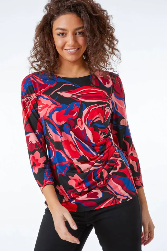 Women Coral Petite Abstract Floral Ruched Top Roman Tops