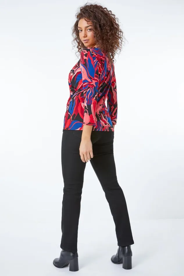 Women Coral Petite Abstract Floral Ruched Top Roman Tops