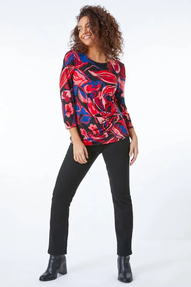 Women Coral Petite Abstract Floral Ruched Top Roman Tops