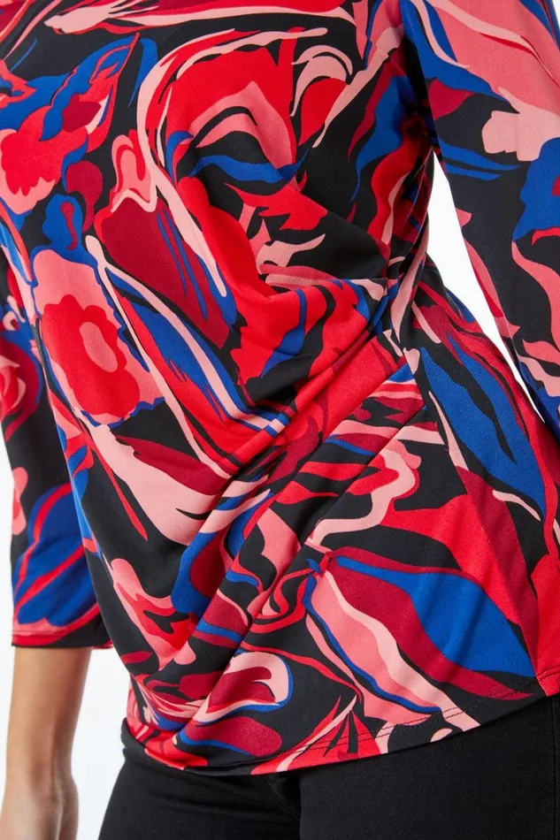 Women Coral Petite Abstract Floral Ruched Top Roman Tops