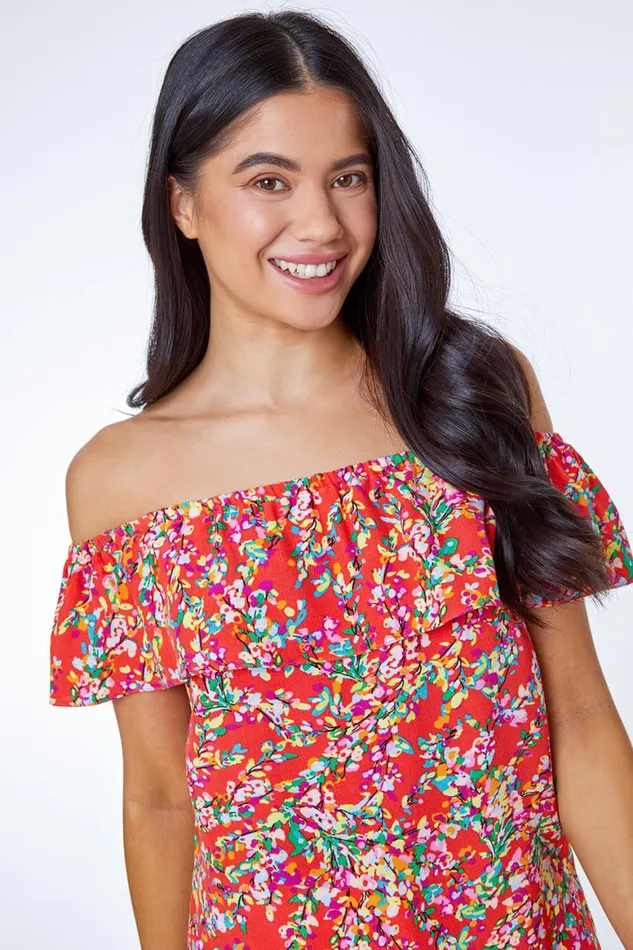 Women Coral Petite Ditsy Floral Print Bardot Top Roman Tops