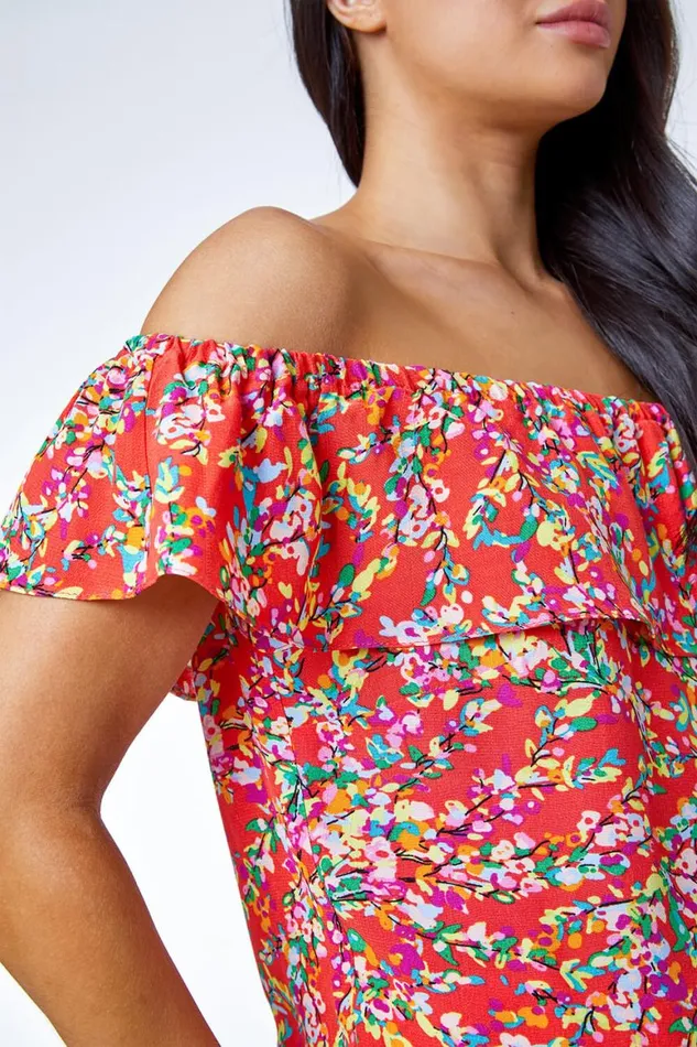 Women Coral Petite Ditsy Floral Print Bardot Top Roman Tops