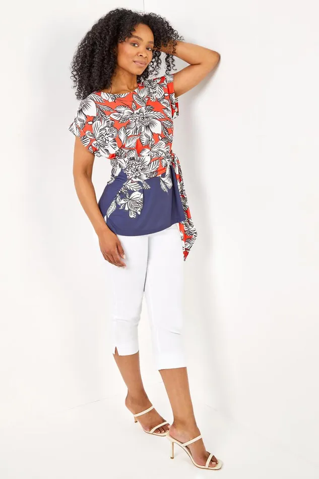 Women Coral Petite Floral Print Waist Tie Top Roman Tops