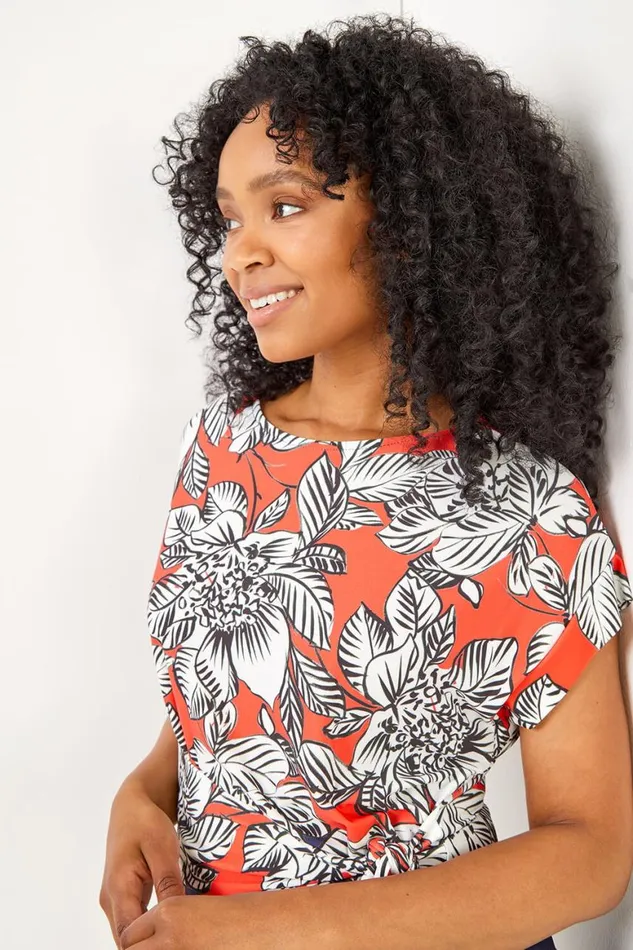 Women Coral Petite Floral Print Waist Tie Top Roman Tops