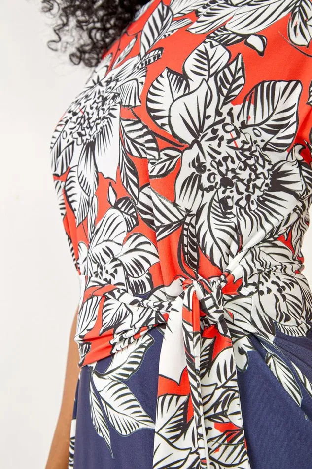 Women Coral Petite Floral Print Waist Tie Top Roman Tops