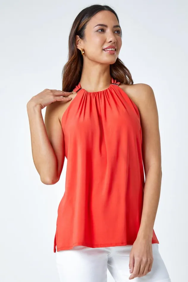 Women Coral Tie Back Halter Neck Trim Detail Stretch Top Roman Tops