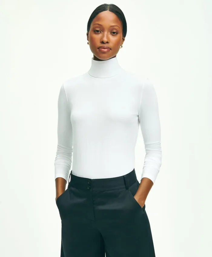 Women Cotton Modal Turtleneck White Brooks Brothers Blouses and Shirts