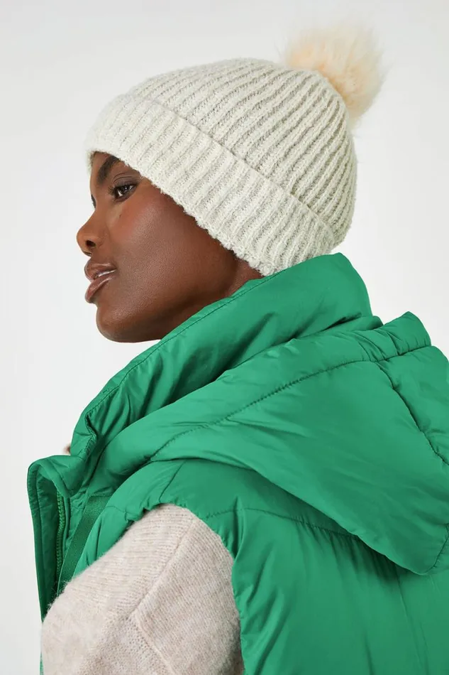 Women Cream Ribbed Pom Pom Beanie Hat Roman Hats