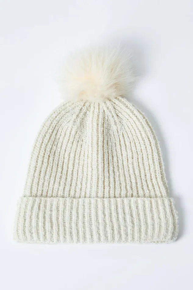 Women Cream Ribbed Pom Pom Beanie Hat Roman Hats
