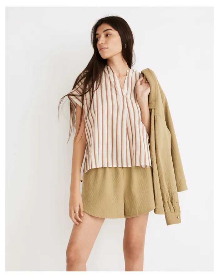 Women Crinkle Cotton Lakeline Popover Shirt In Stripe Manila Madewell Tops and Shirts