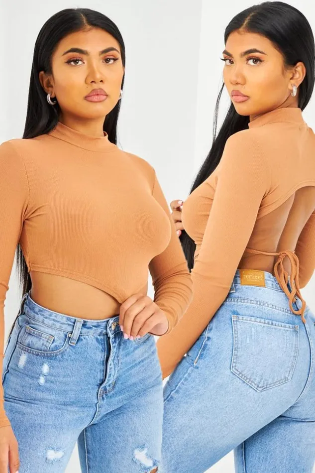 Women Crop Top Marron Lacets Au Dos Brown Brentiny Paris Lace Tops