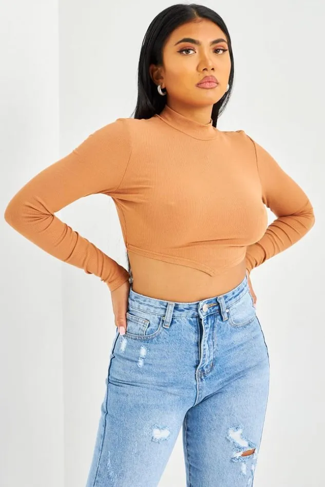 Women Crop Top Marron Lacets Au Dos Brown Brentiny Paris Lace Tops