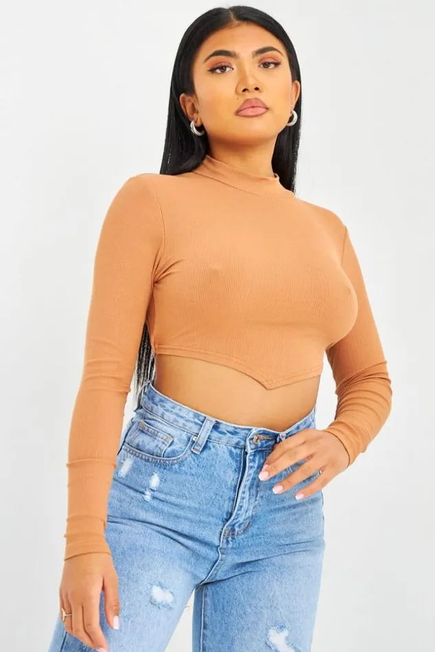 Women Crop Top Marron Lacets Au Dos Brown Brentiny Paris Lace Tops