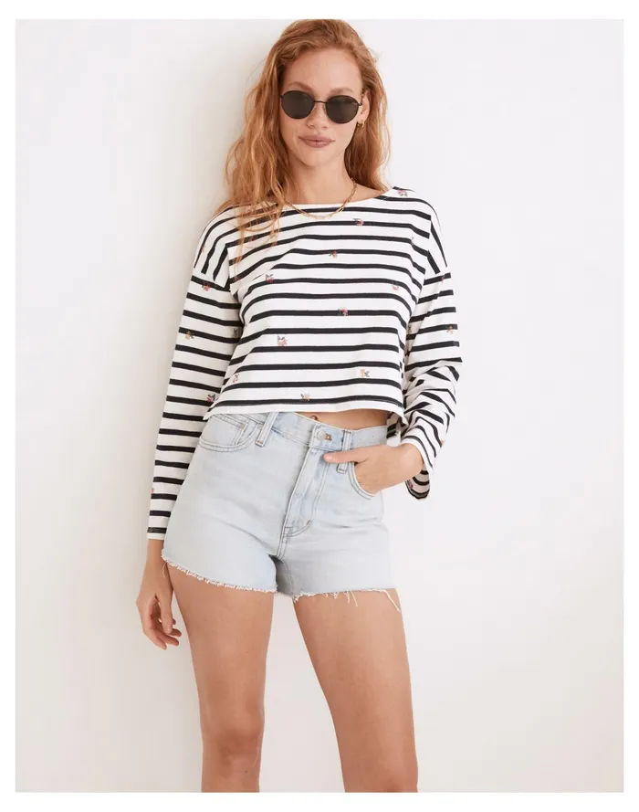 Women Cross Stitch Embroidered Supercrop Long Sleeve Tee In Stripe Juniper Berry Madewell Tops and Shirts Women Cross Stitch Embroidered Supercrop Long Sleeve Tee In Stripe Juniper Berry Madewell Tops and Shirts