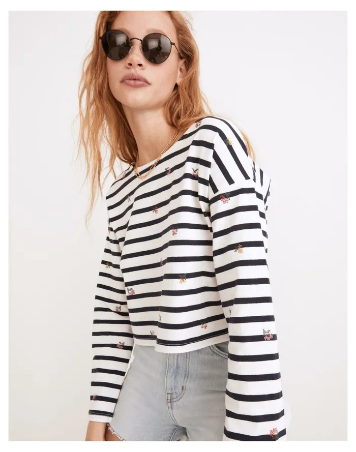 Women Cross Stitch Embroidered Supercrop Long Sleeve Tee In Stripe Juniper Berry Madewell Tops and Shirts Women Cross Stitch Embroidered Supercrop Long Sleeve Tee In Stripe Juniper Berry Madewell Tops and Shirts